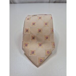 Bruno Marchesi Tie Mens One Size Beige 100% Silk Jacquard Geometric Handmade